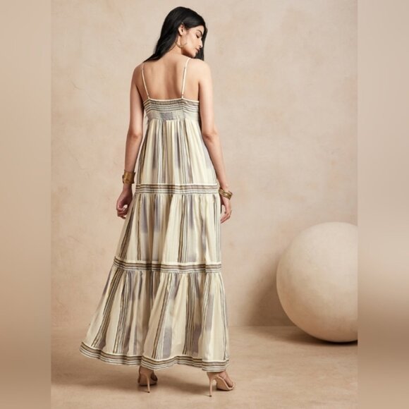 Banana Republic Zephyr Maxi Dress Size S Tiered Gold Stripe - Picture 2 of 7
